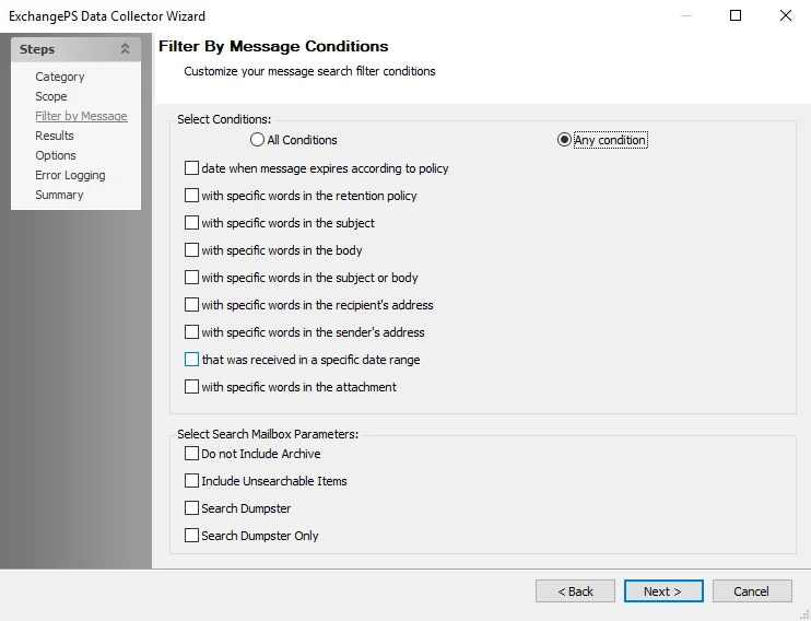 ExchangePS Data Collector Wizard Filter by Message Conditions page