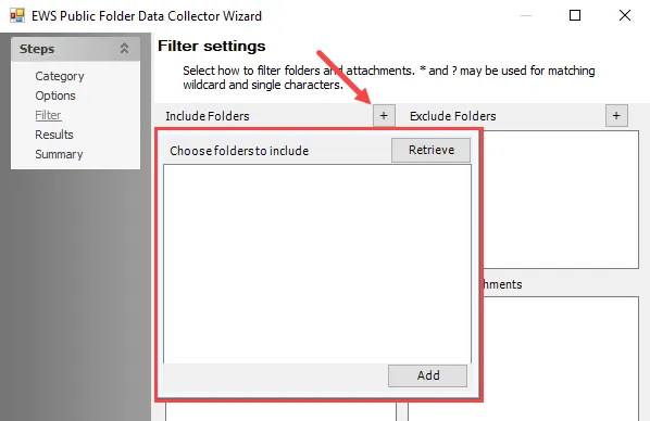 Choose folder to include window on Filter settings page
