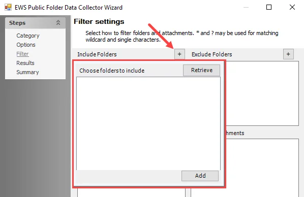 Choose folder to include window on Filter settings page