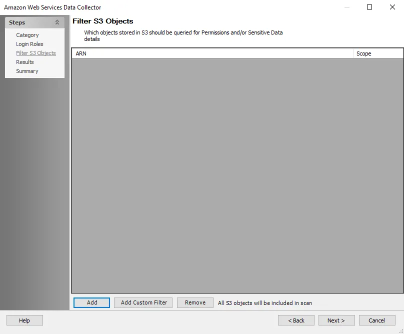 AWS Data Collector Filter S3 Objects wizard page