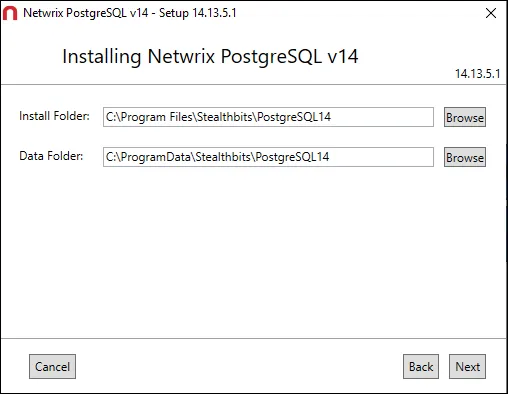 Netwrix PostgreSQL Setup wizard on the Folder Location page