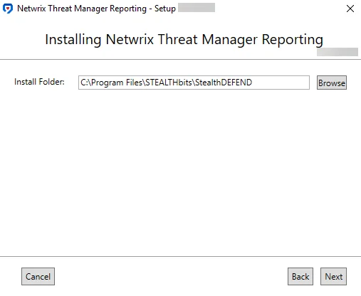 Netwrix Threat Mannager Reporting Setup wizard on the Install Folder page
