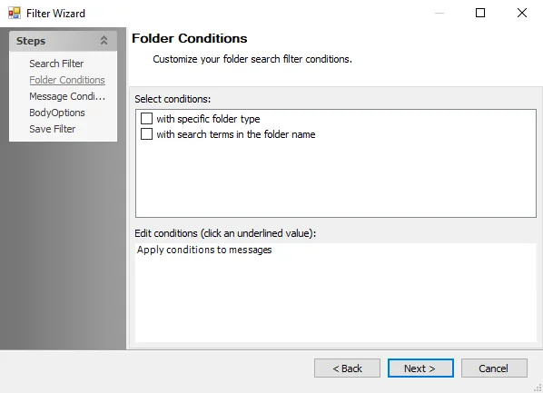Filter Wizard Folder Conditions page