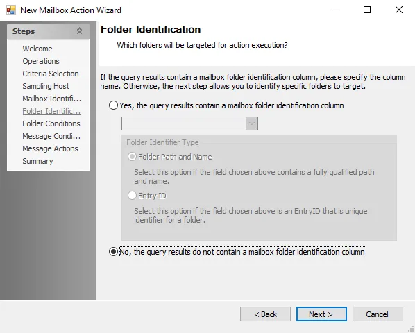 New Mailbox Action Wizard Folder Identification page