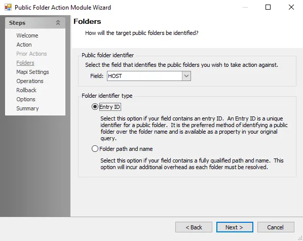 Public Folder Action Module Wizard Folders page