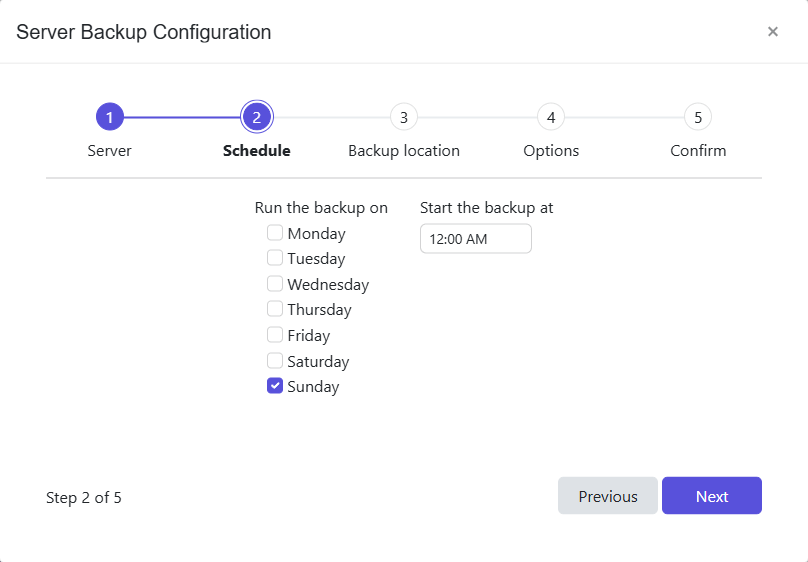 Server Backup Configuration wizard - Schedule page