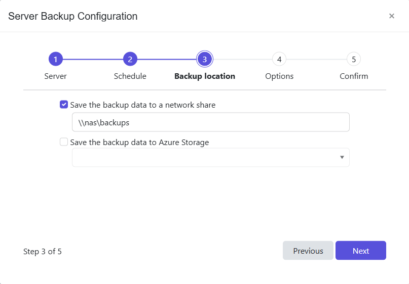 Server Backup Configuration wizard - Options page