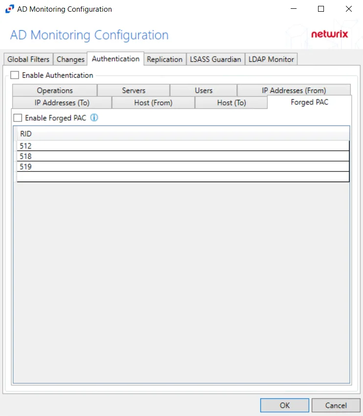 AD Monitoring Configuration - Authentication Tab