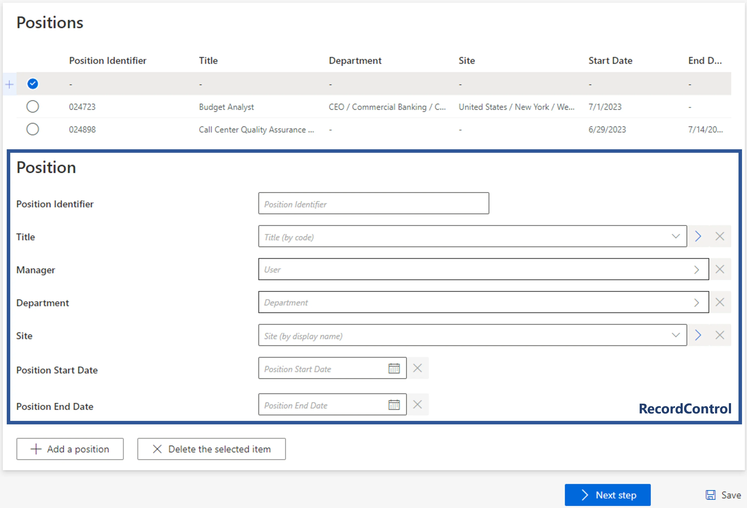 Form Example - Manage a User&#39;s Positions - New Record
