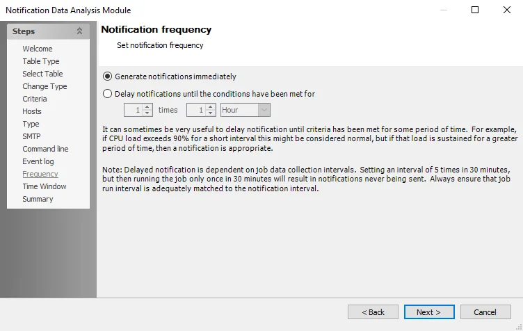 Notification Data Analysis Module wizard Notification Frequency page