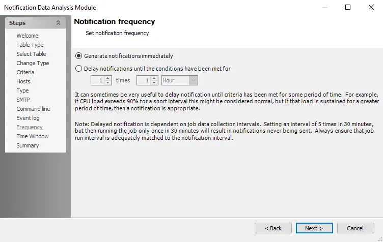 Notification Data Analysis Module wizard Notification Frequency page