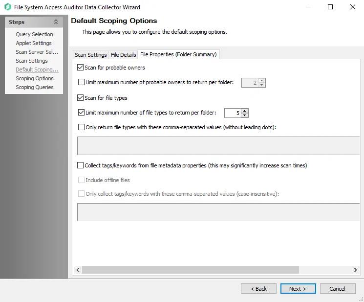File Properties (Folder Summary) tab of the Default Scoping Options page
