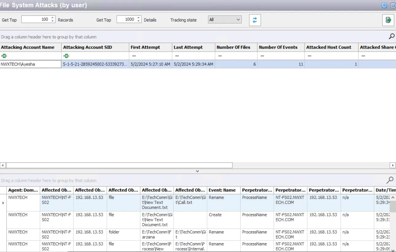 File System Attacks (by User) Analytic Type window