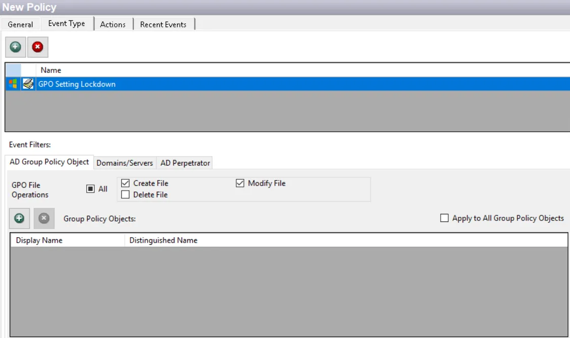 New Policy window - GPO Setting Lockdown Event Type