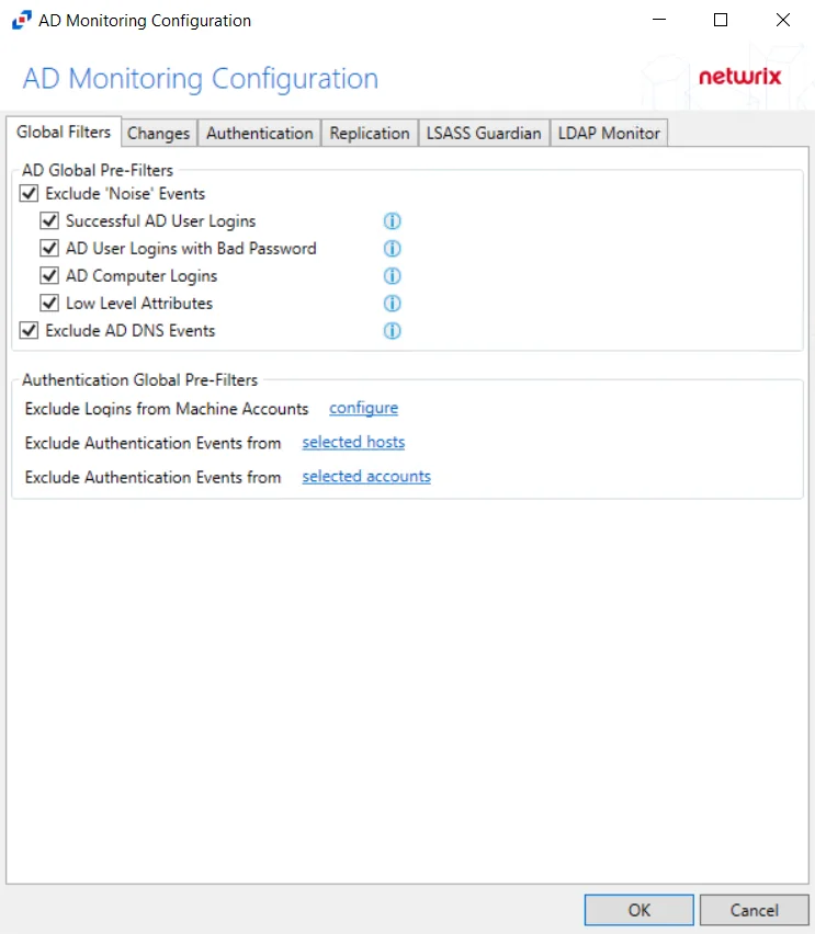 AD Monitoring Configuration - Global Filters Tab