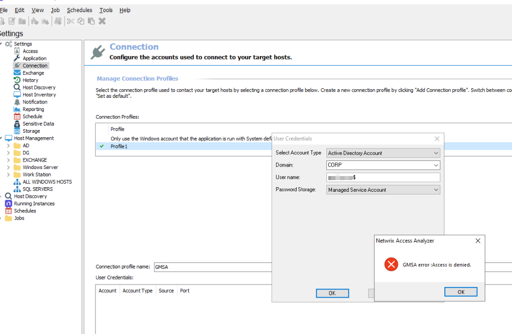 User Credentials dialog with Managed Service Account password storage selected and a GMSA error Access is denied message box