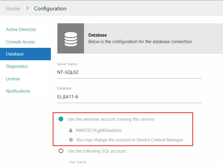 Use the windows account running this service option on Database Configuration page