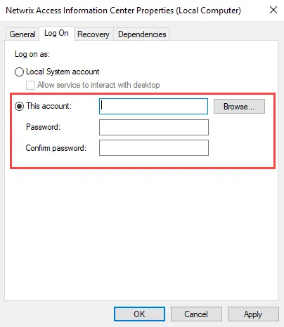 Netwrix Access Information Center service properties window