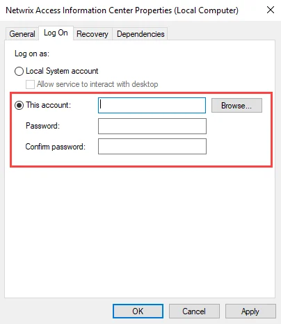 Netwrix Access Information Center service properties window