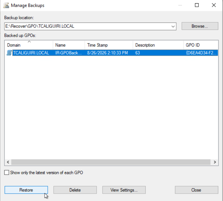 Backup selected, Restore button enabled