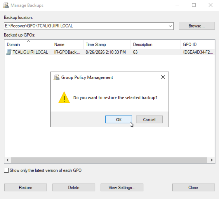 Restore confirmation prompt