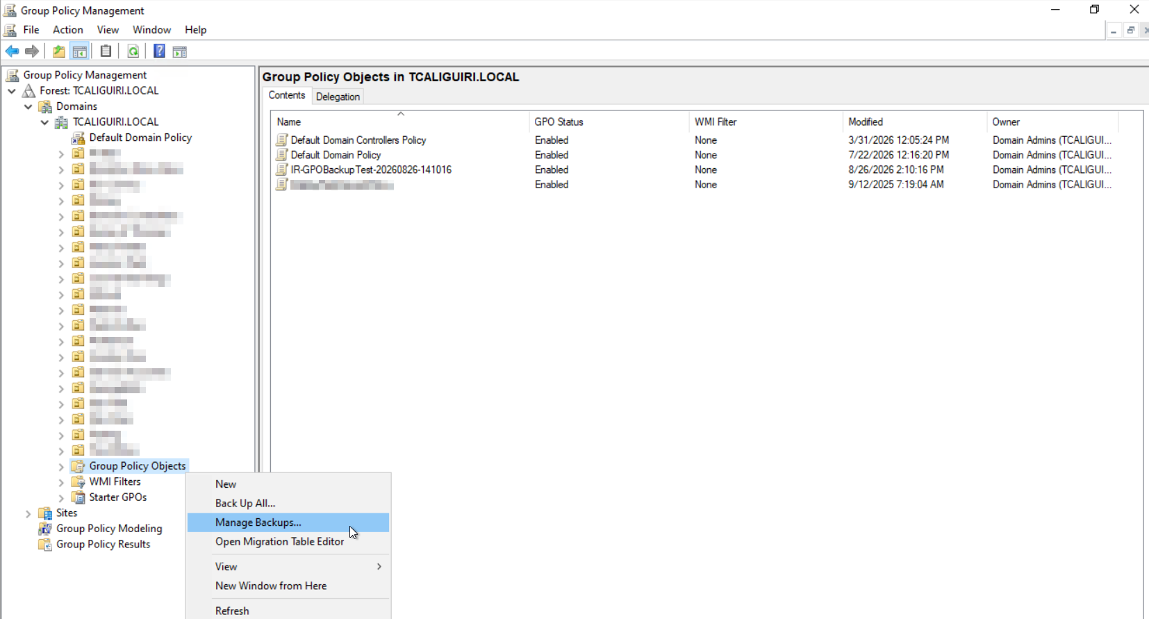 Manage Backups context menu