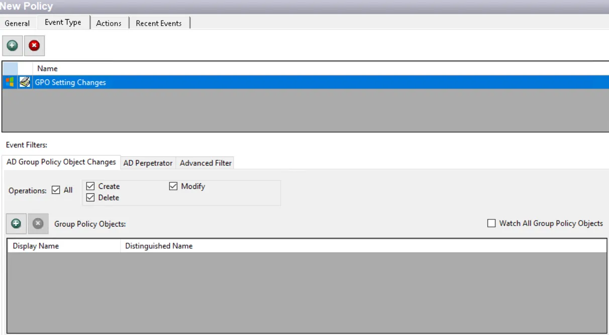 Policy window - GPO Setting Changes Event Type