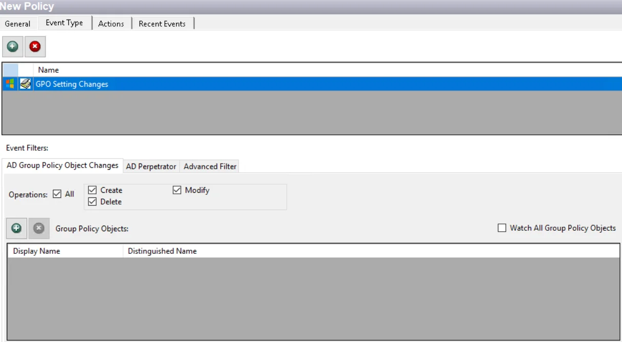 Policy window - GPO Setting Changes Event Type