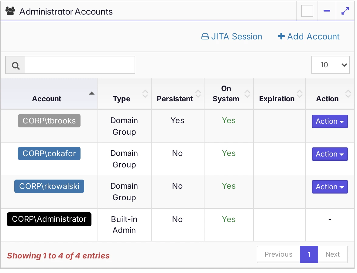 The JITA Session and Add Account buttons for the Administrator Accounts table