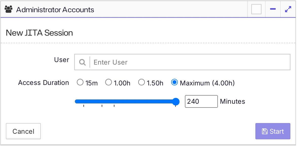 The New JITA Session form with the user and access duration