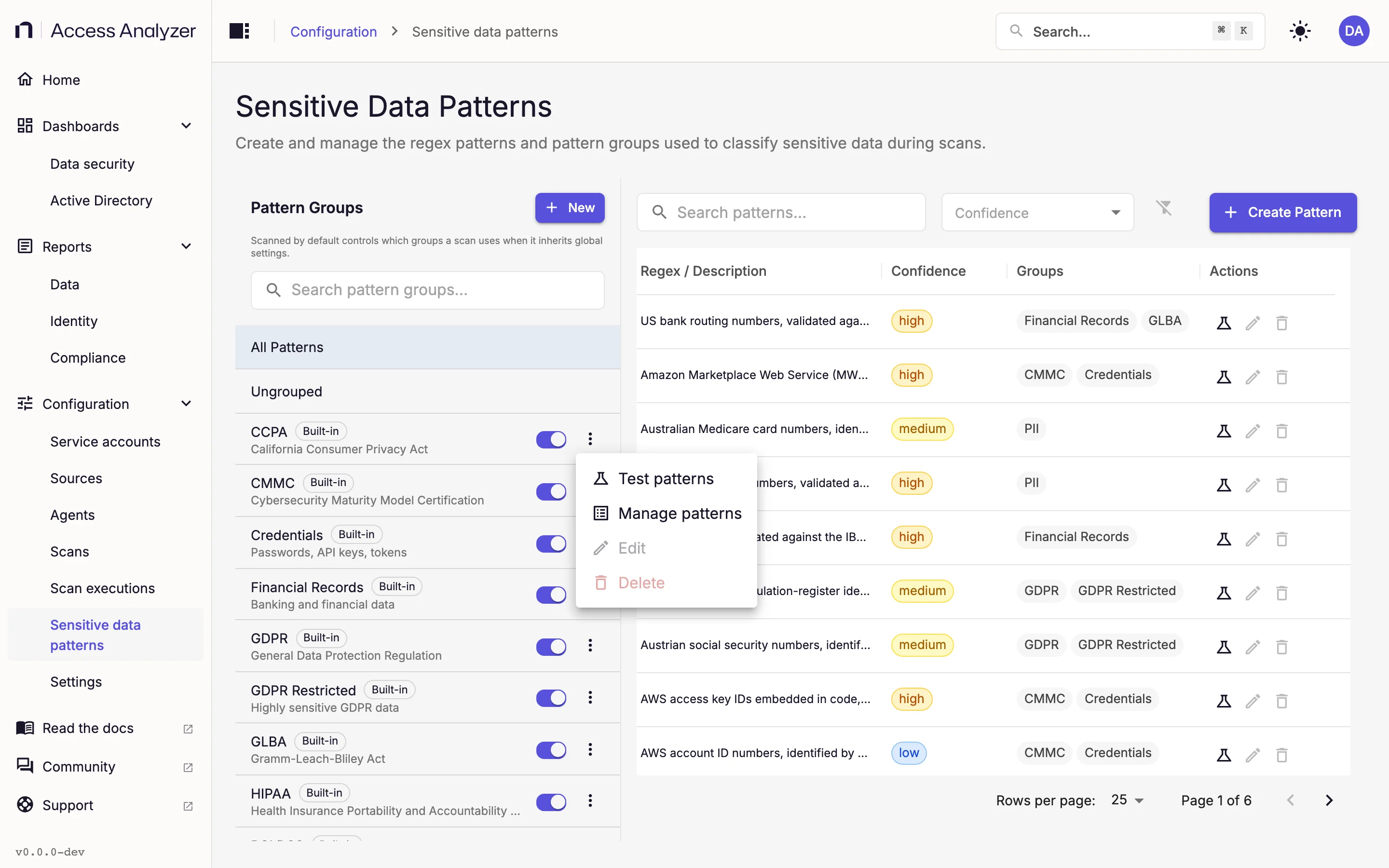 Pattern group menu with Test patterns, Manage patterns, Edit, and Delete