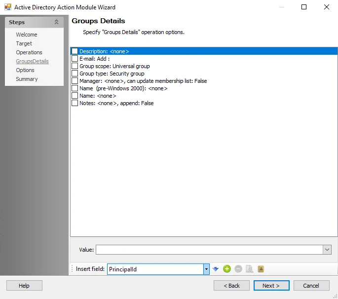 Active Directory Action Module Wizard Group Details page