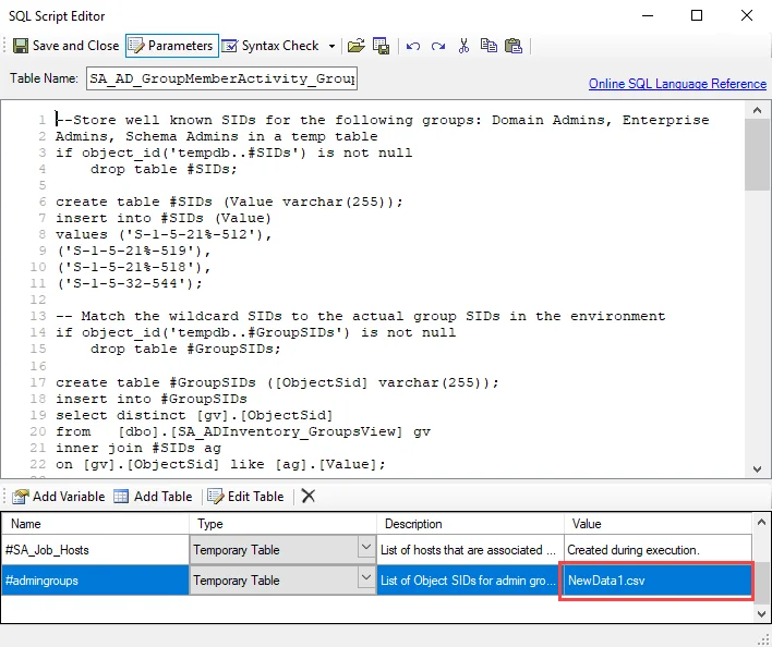 Group Member Activity Analysis Task in the SQL Script Editor