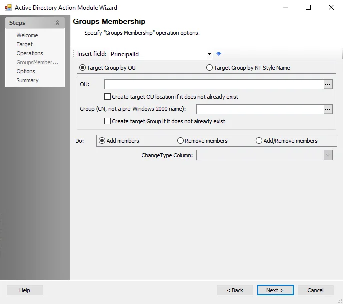 Active Directory Action Module Wizard Group Membership page