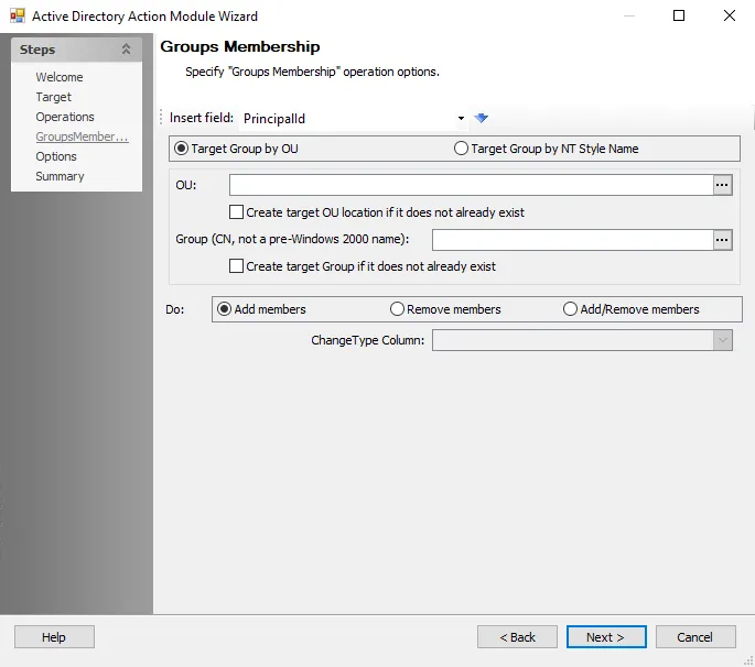 Active Directory Action Module Wizard Group Membership page