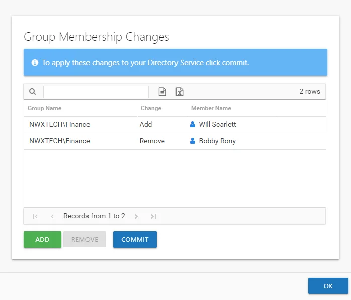 Group Membership Changes window with changes to be modeled