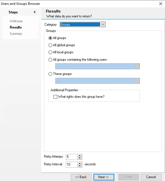 Users and Groups Browser wizard Results page for Groups category