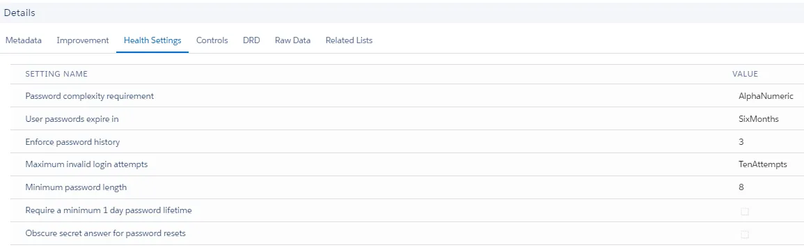 Example of the PasswordPolicies Health Settings tab