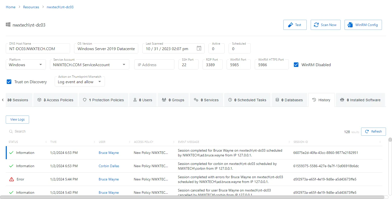 History Tab for Host Resource