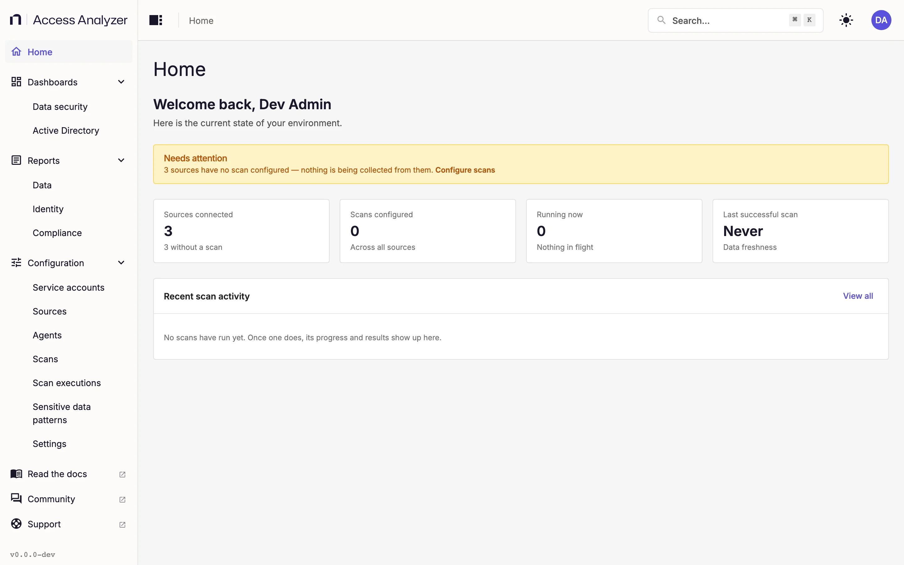 Access Analyzer Home page with the navigation sidebar and getting-started content