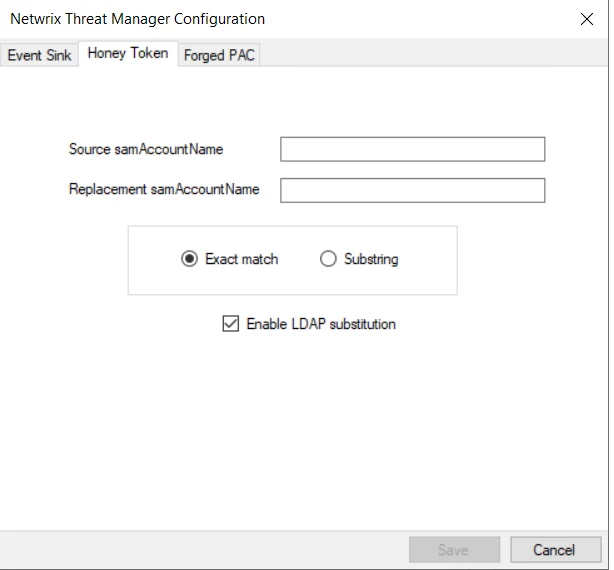 Netwrix Threat Manager Configuration Window - Honey Tokem tab