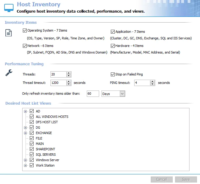 Host Inventory Settings page