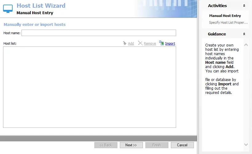 Host List Wizard Specify Manual Host Entry page