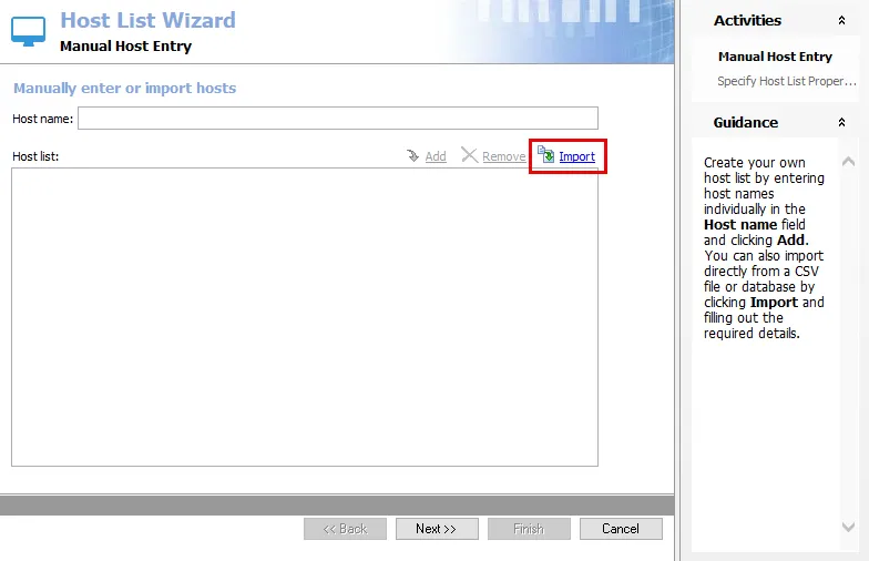 Import option on the Manual Host Entry page of the Host List Wizard