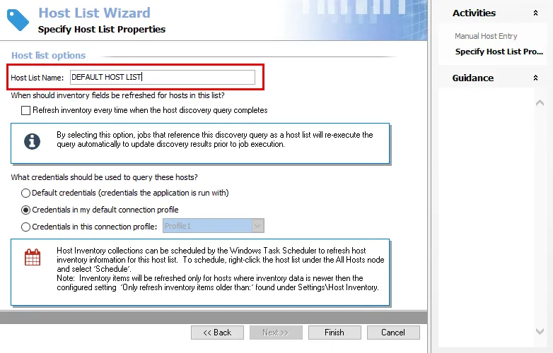 Host List Wizard Specify Host List Properties page
