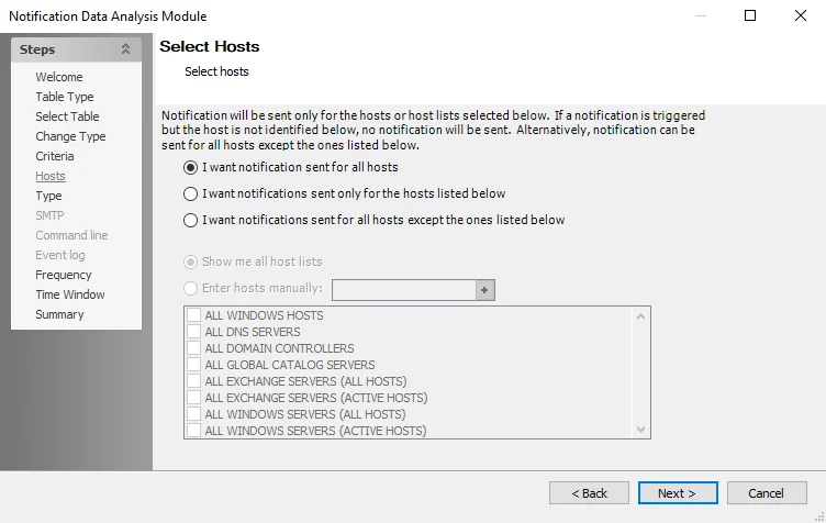 Notification Data Analysis Module wizard Select Hosts page