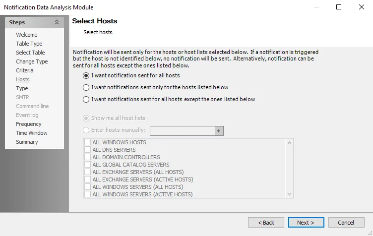 Notification Data Analysis Module wizard Select Hosts page