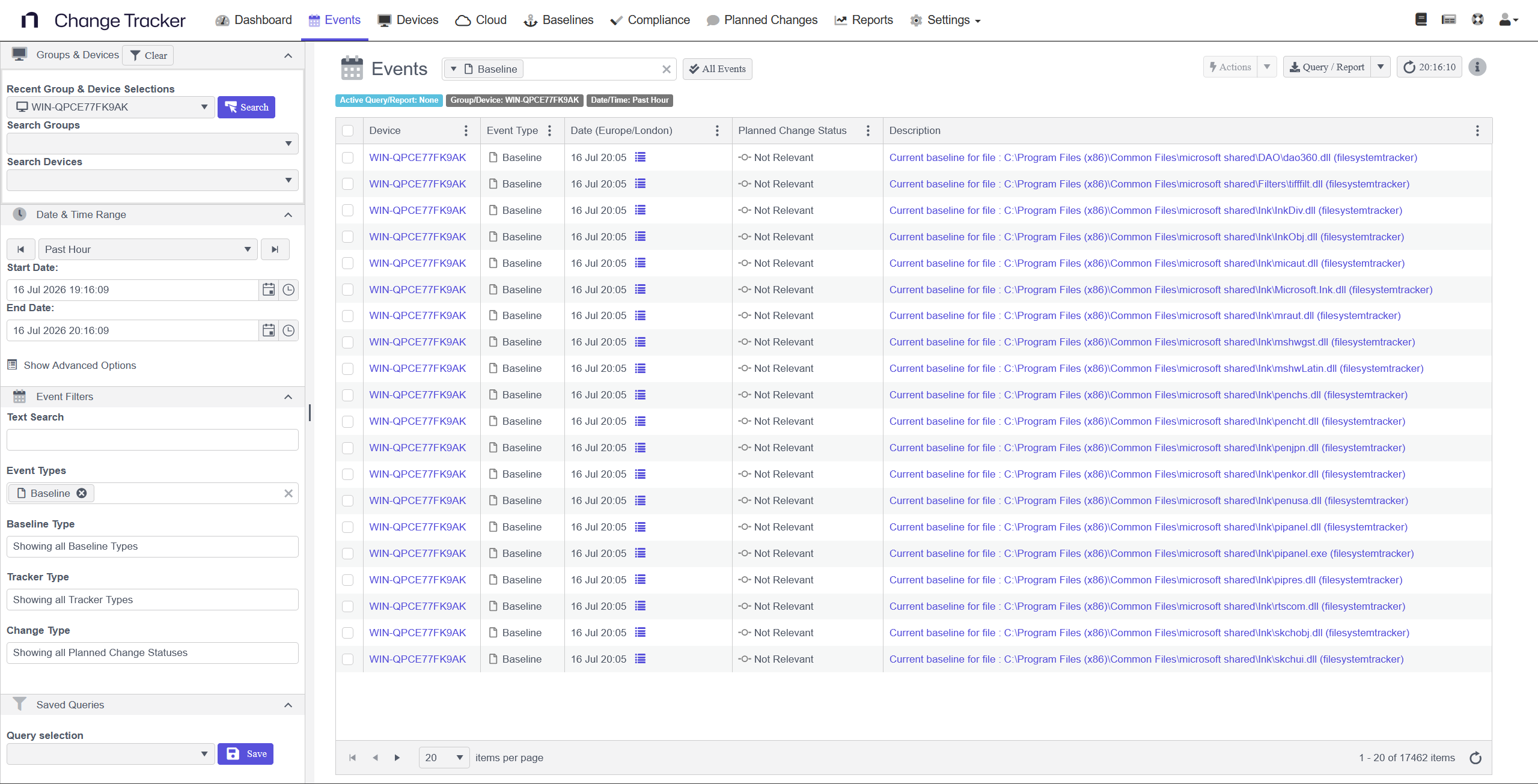 Hub event list showing baseline events for a monitored device