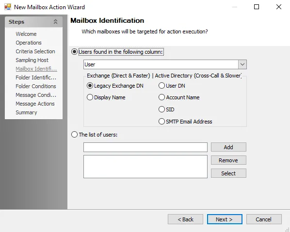New Mailbox Action Wizard Mailbox Identification page