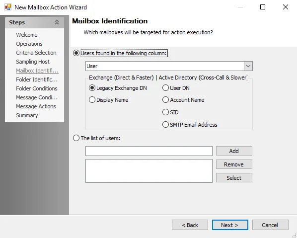 New Mailbox Action Wizard Mailbox Identification page